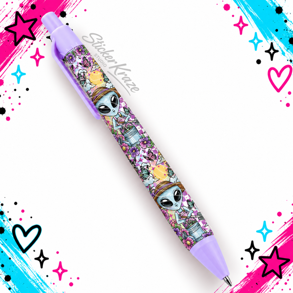 Cosmic Garden Pen with alien gardener, purple flowers, butterflies and colourful garden pattern with light purple accents