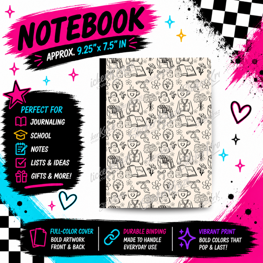 Cozy Little Things composition notebook with cream cover featuring mugs, books, sweaters, flowers and bows