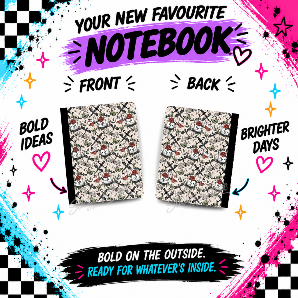 Front and back view of Enchanted Rose composition notebook with gothic roses, books, bats, butterflies and botanical details