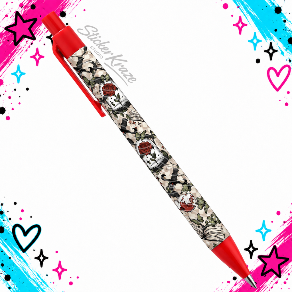 Enchanted Rose Pen with gothic roses bats butterflies books and daggers on a red click pen