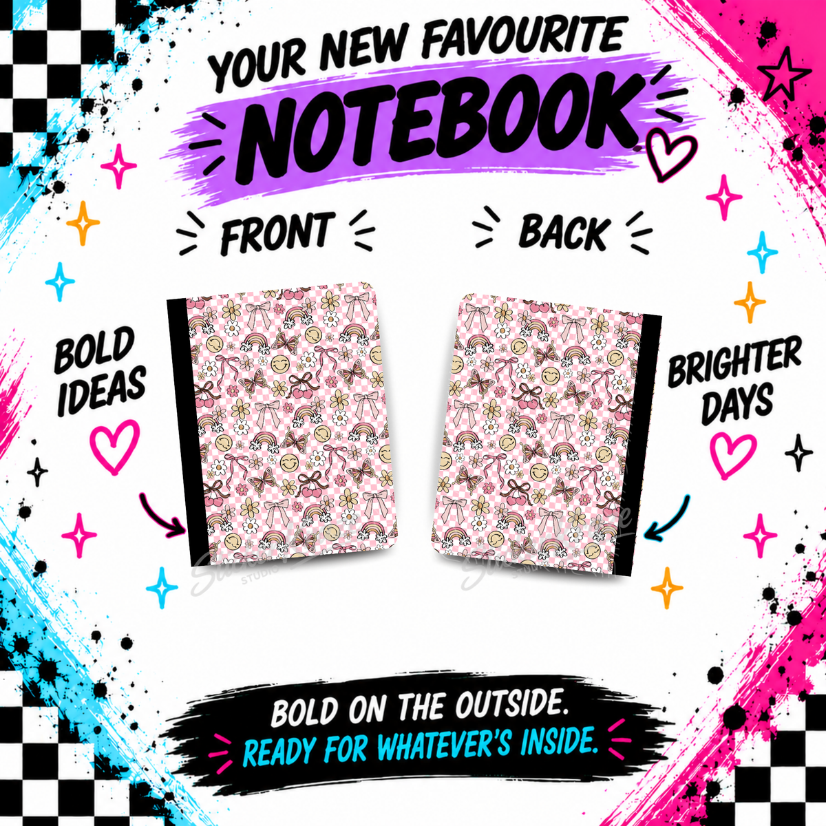 Front and back view of Happy Little Things composition notebook with pink checkerboard and colourful retro-inspired pattern