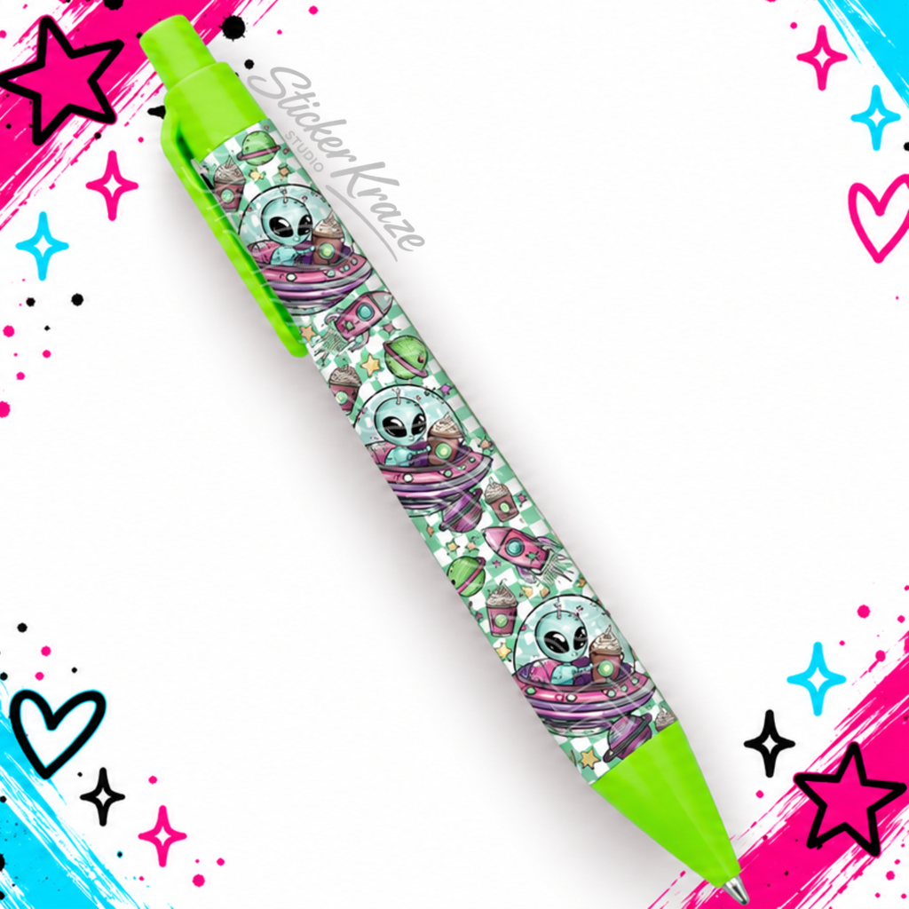 Out of This World Alien Pen with aliens, UFOs, rockets, planets and coffee on a mint checkerboard wrap