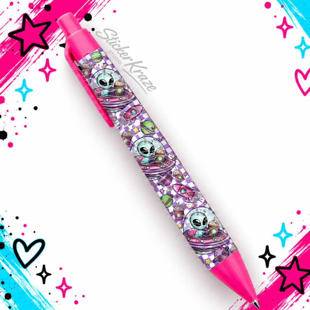 Out of This World Alien Pen with aliens, UFOs, rockets, planets and coffee on a purple checkerboard wrap