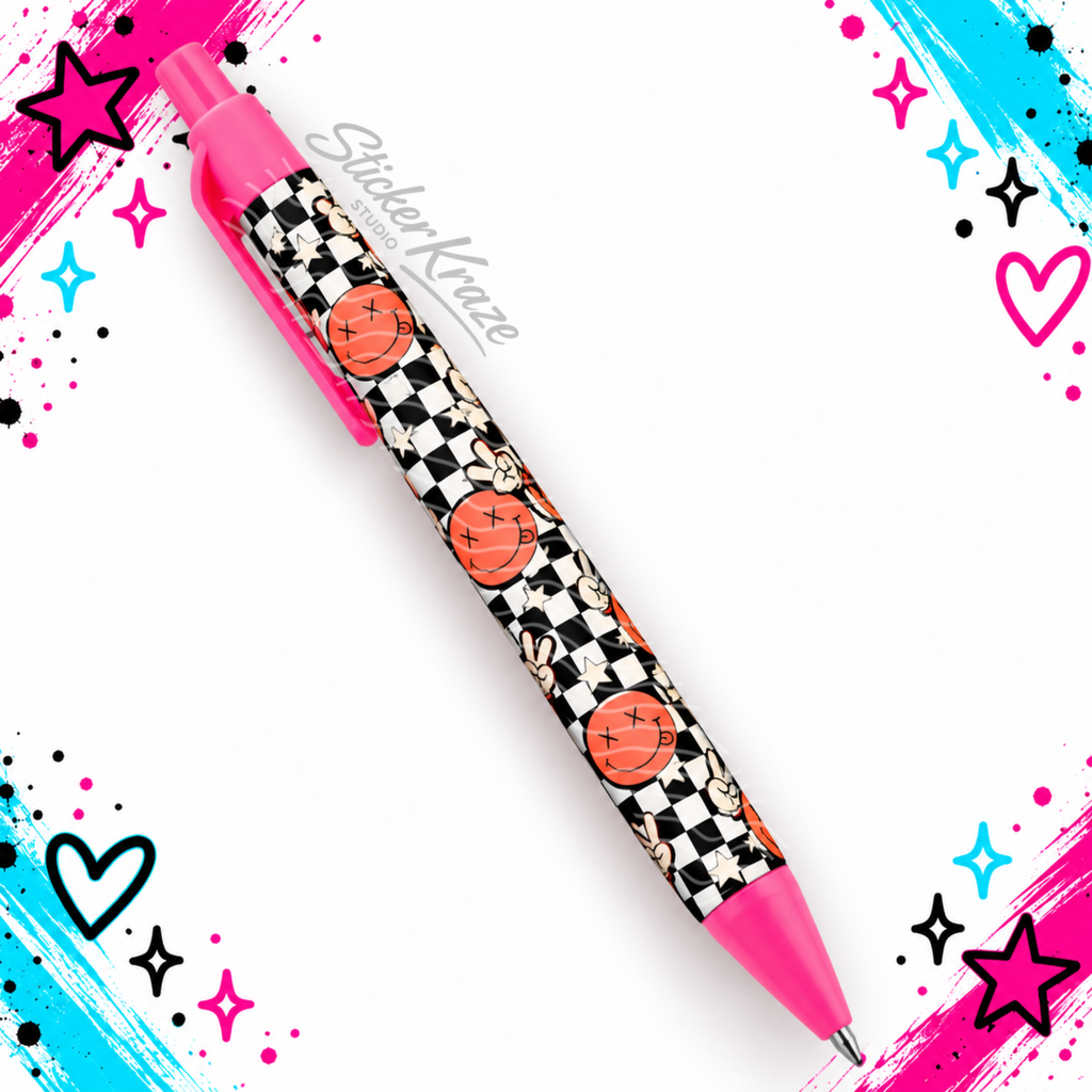 Peace Out Checkerboard Pen with orange smiley faces, peace signs and stars on a black and white checkerboard pattern with hot pink accents