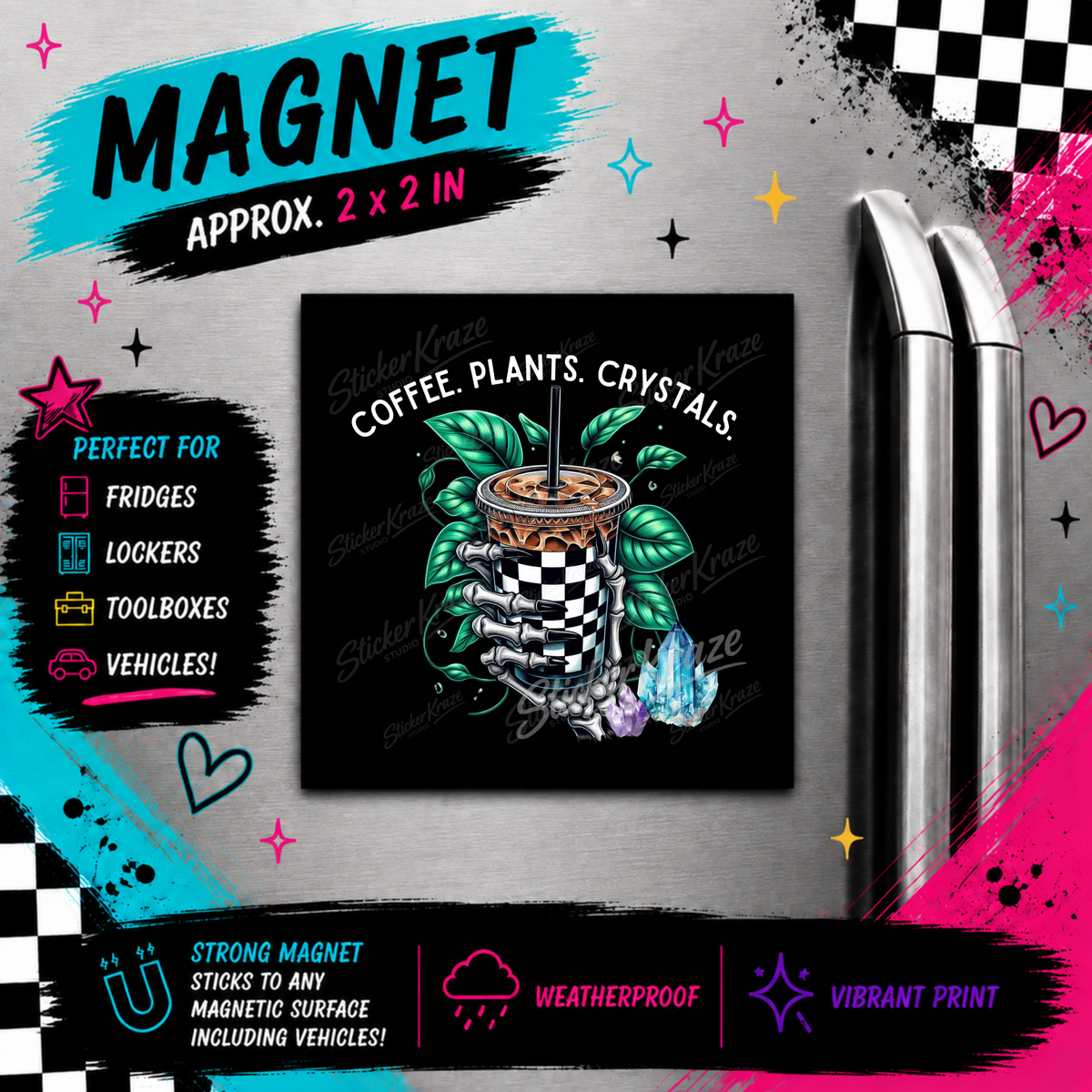 Coffee Plants & Crystals weatherproof magnet mockup