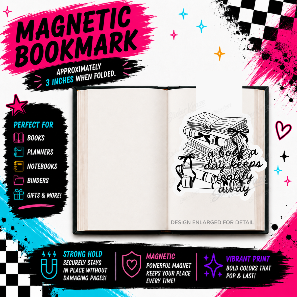 A Book A Day black and white book lover magnetic bookmark by Sticker Kraze Studio