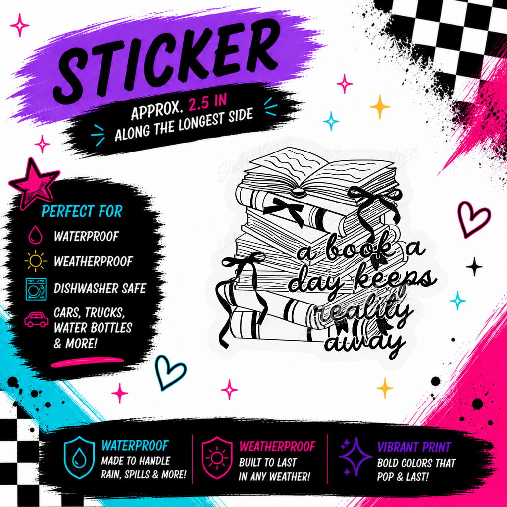 A Book A Day black and white book lover waterproof sticker by Sticker Kraze Studio