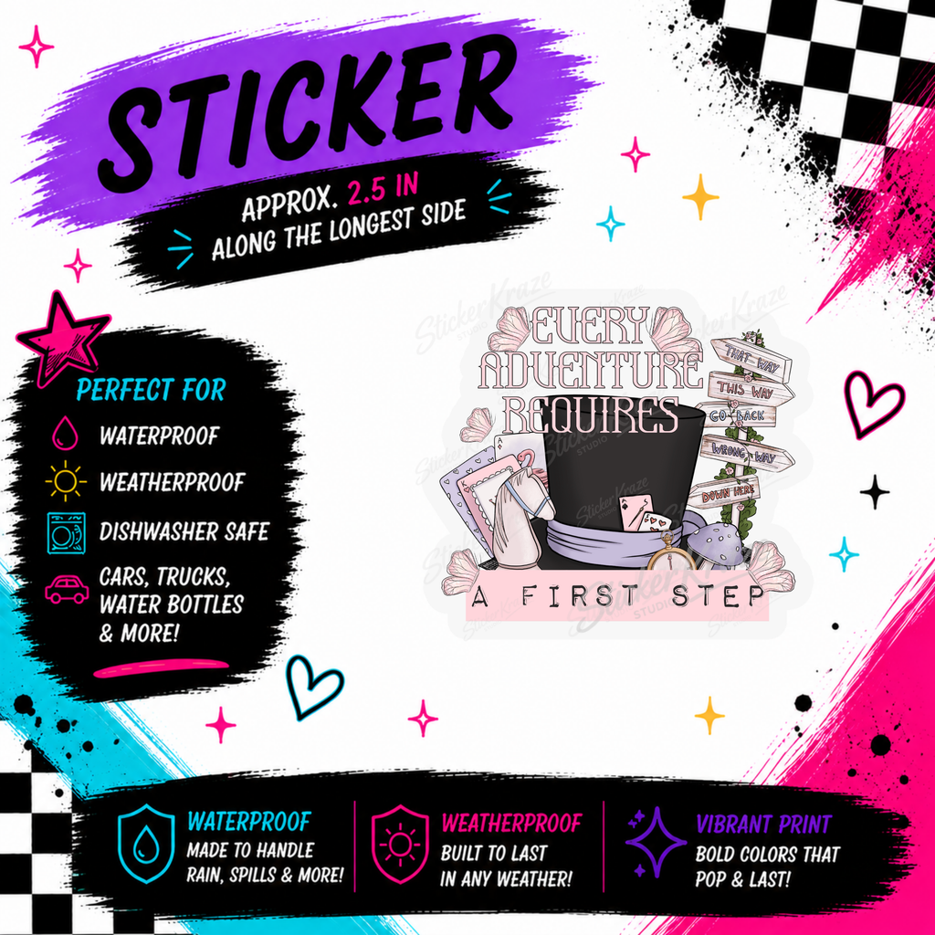 Every Adventure Requires A First Step whimsical fantasy waterproof sticker by Sticker Kraze Studio
