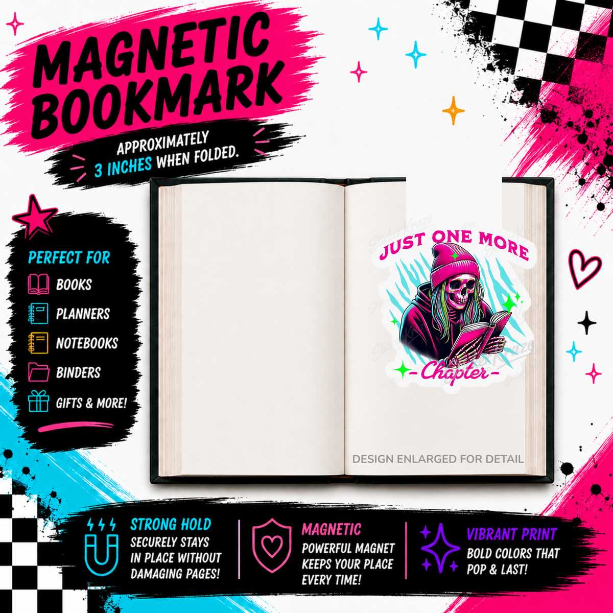Just One More Chapter skeleton reader magnetic bookmark by Sticker Kraze Studio