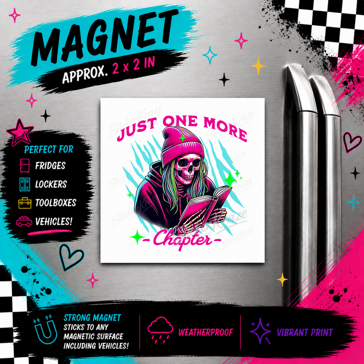 Just One More Chapter skeleton reader weatherproof magnet by Sticker Kraze Studio