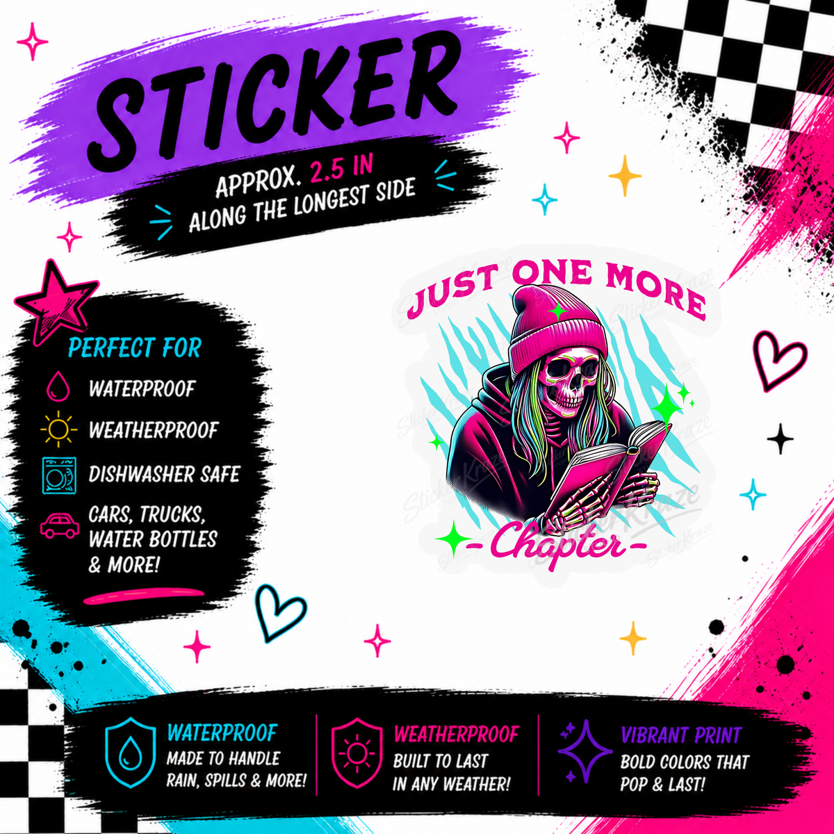 Just One More Chapter skeleton reader waterproof sticker by Sticker Kraze Studio