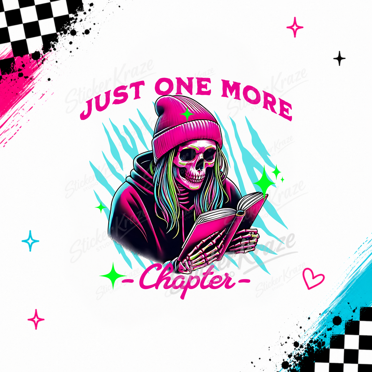 Just One More Chapter skeleton reading a book in pink beanie and hoodie