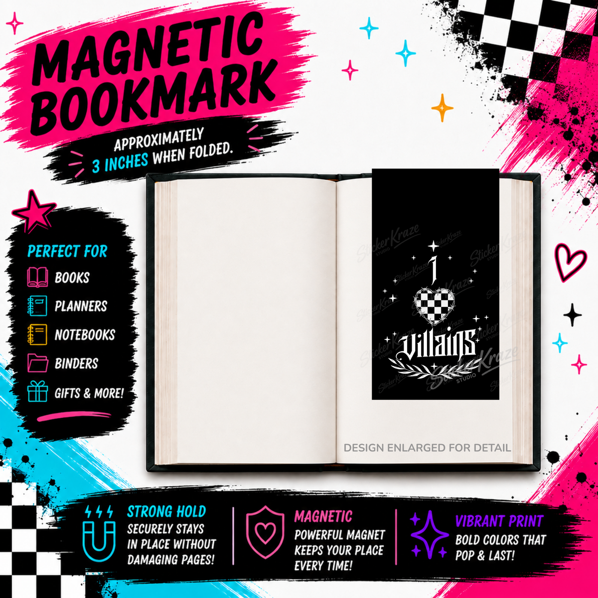 I Love Villains black and white gothic magnetic bookmark by Sticker Kraze Studio