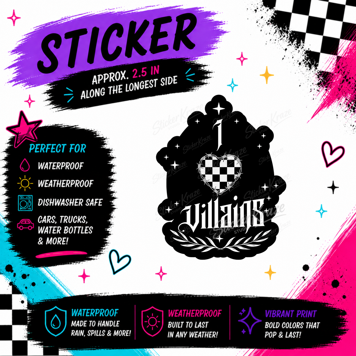 I Love Villains black and white gothic waterproof sticker by Sticker Kraze Studio