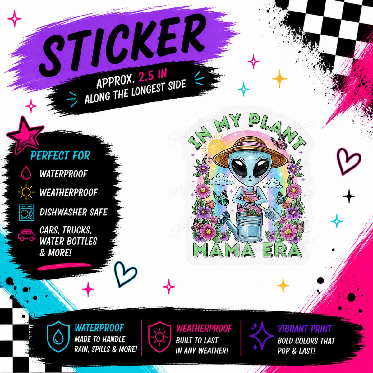 In My Plant Mama Era colourful alien gardener waterproof sticker by Sticker Kraze Studio