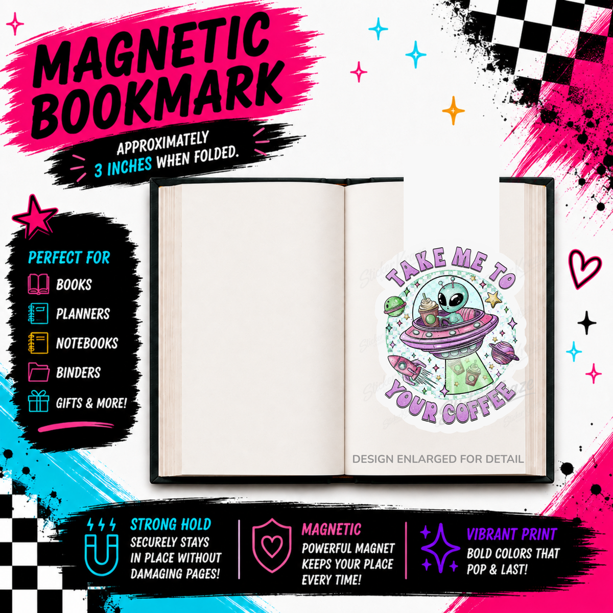 Take Me To Your Coffee cute alien UFO magnetic bookmark by Sticker Kraze Studio
