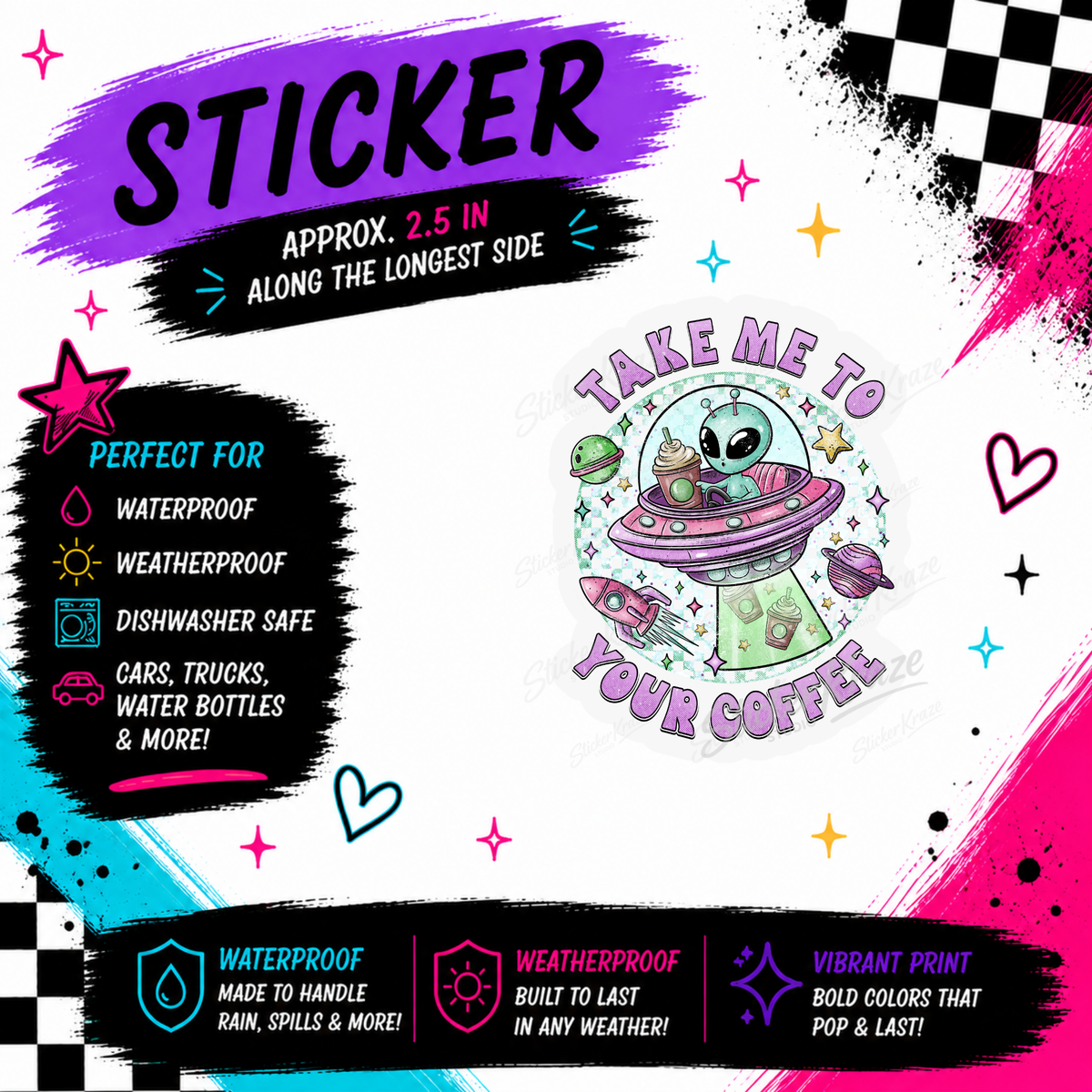 Take Me To Your Coffee cute alien UFO waterproof sticker by Sticker Kraze Studio