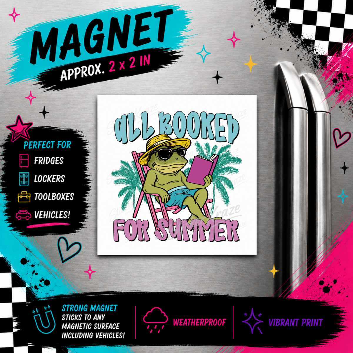 All Booked For Summer frog reading weatherproof magnet by Sticker Kraze Studio