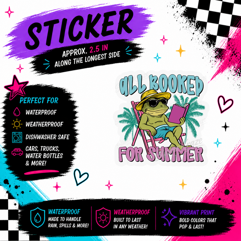 All Booked For Summer frog reading waterproof sticker by Sticker Kraze Studio