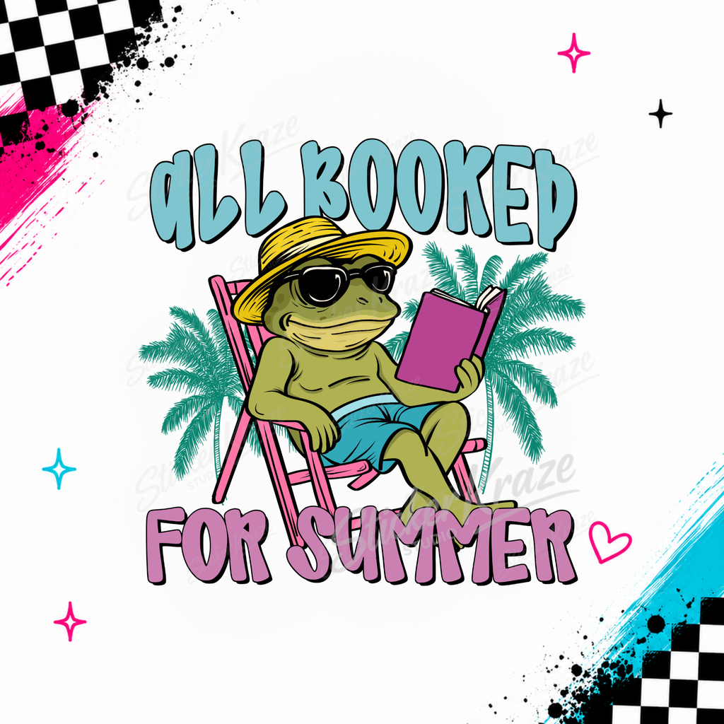 All Booked For Summer frog reading in beach chair with sunglasses and palm trees
