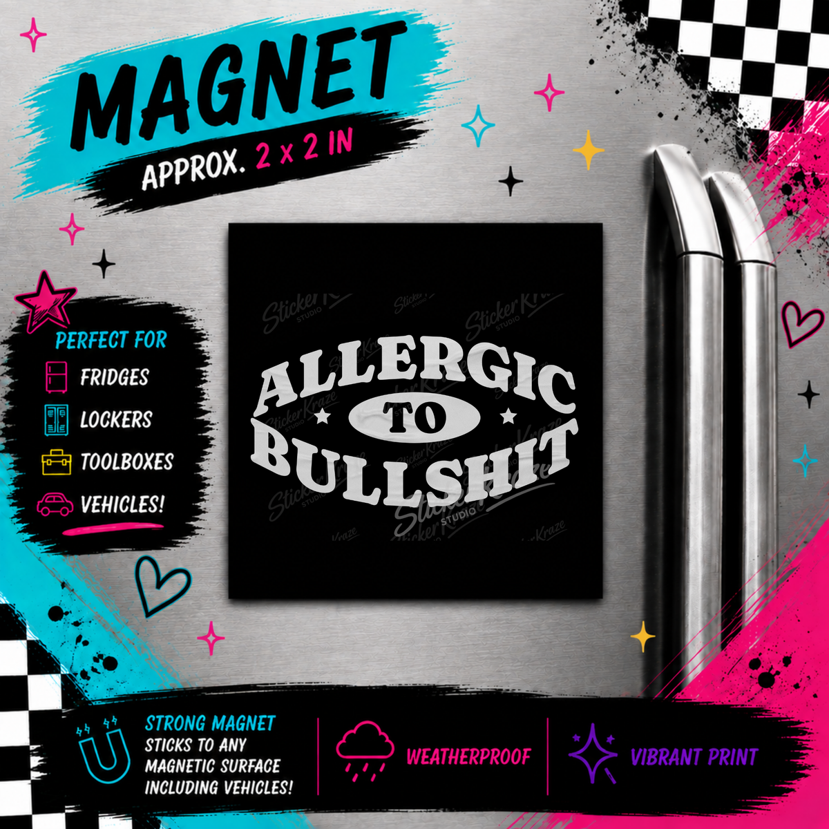 Allergic To Bullshit funny sarcastic black and white weatherproof magnet by Sticker Kraze Studio
