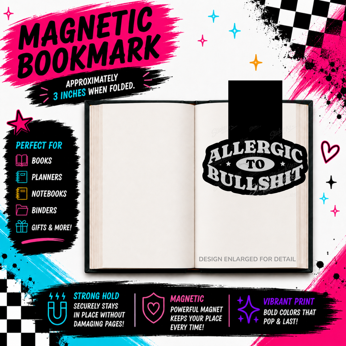 Allergic To Bullshit funny sarcastic black and white magnetic bookmark by Sticker Kraze Studio