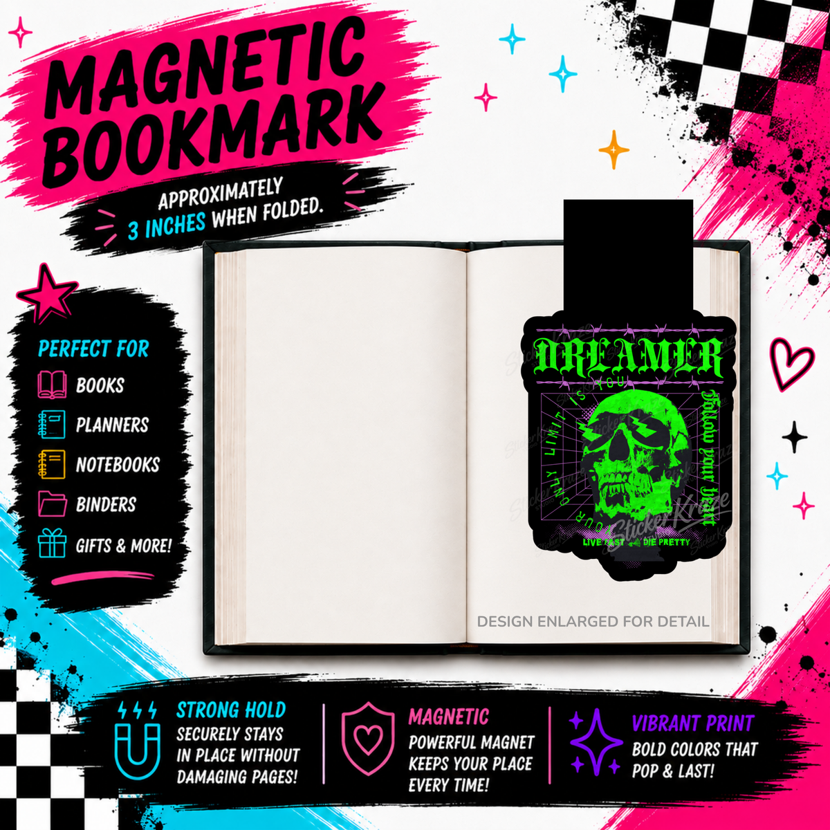 Dreamer neon green skull gothic grunge magnetic bookmark by Sticker Kraze Studio
