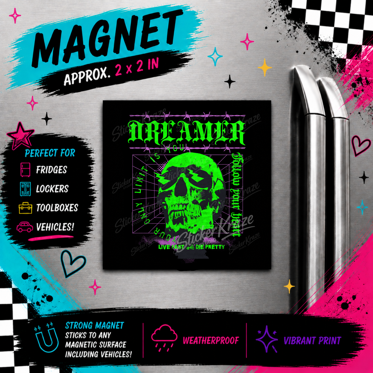 Dreamer neon green skull gothic grunge weatherproof magnet by Sticker Kraze Studio