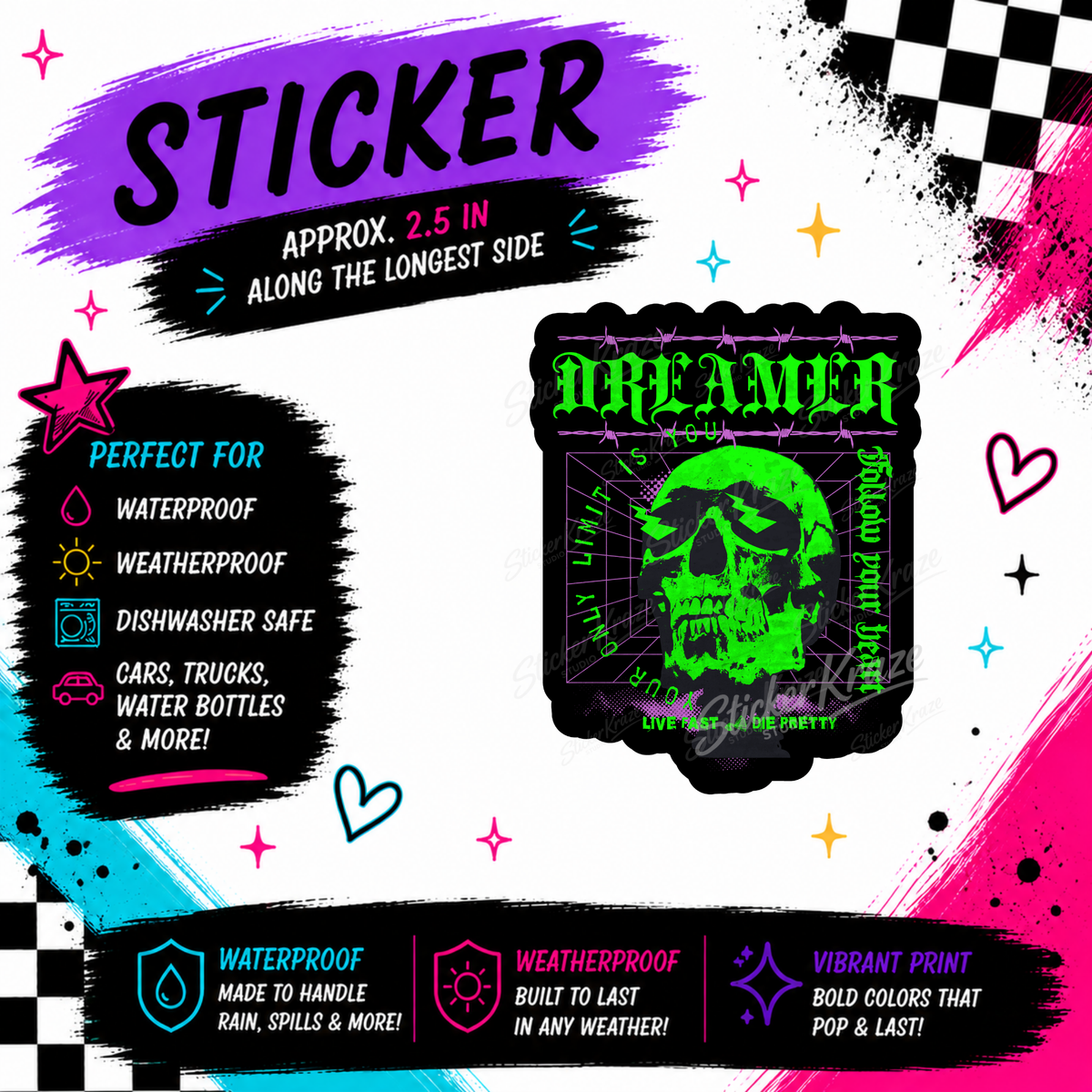 Dreamer neon green skull with lightning bolt eyes gothic grunge waterproof sticker by Sticker Kraze Studio