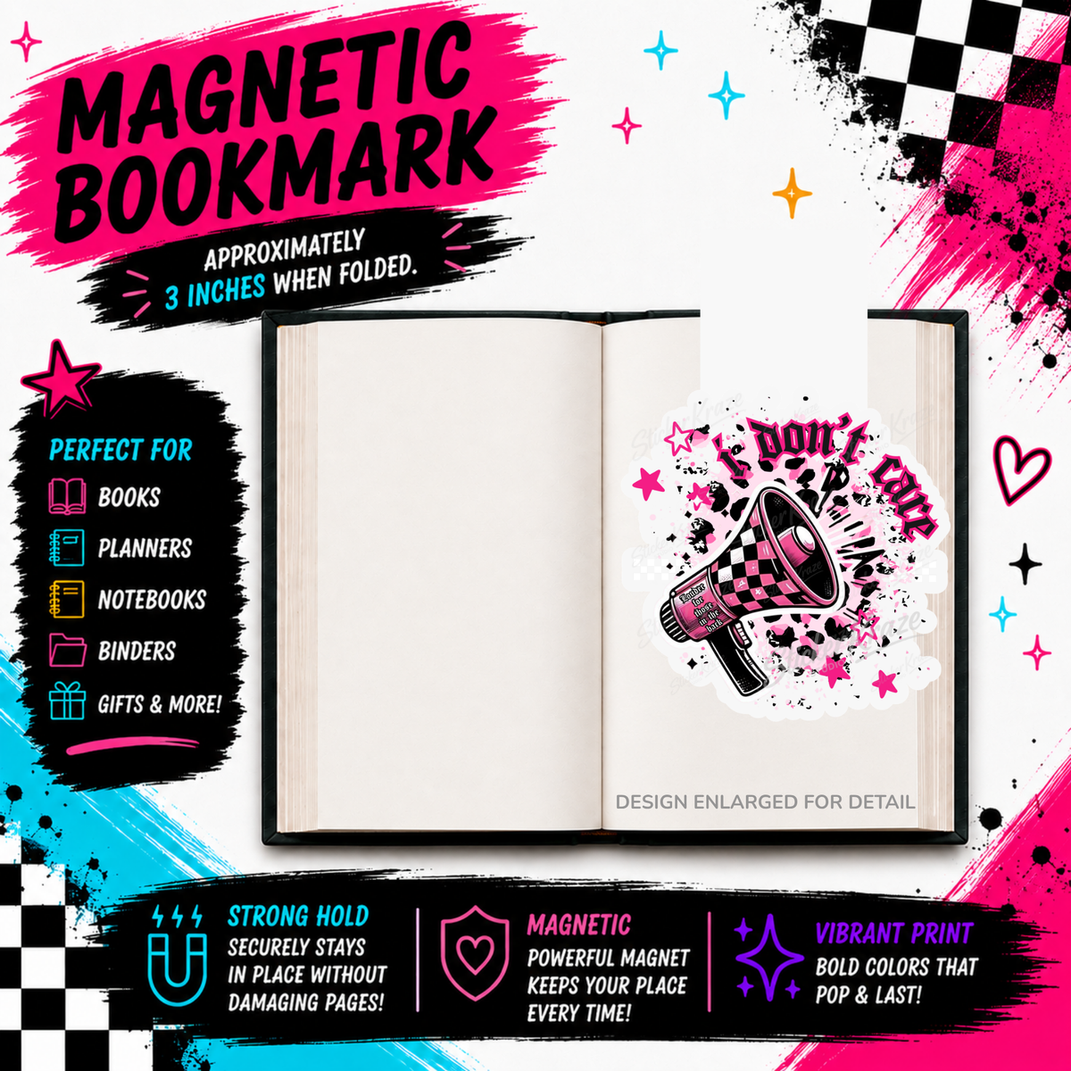 I Don’t Care pink checkerboard megaphone magnetic bookmark by Sticker Kraze Studio