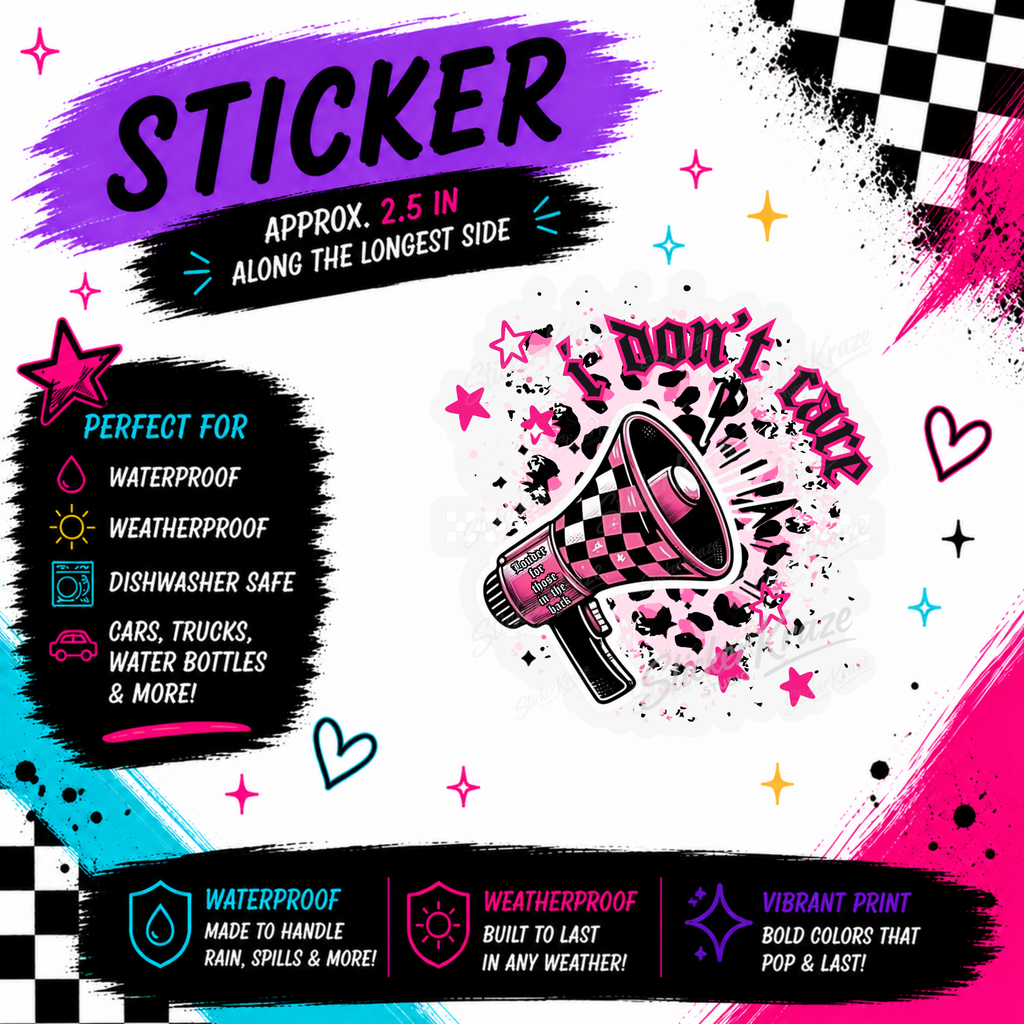 I Don’t Care pink checkerboard megaphone waterproof sticker by Sticker Kraze Studio