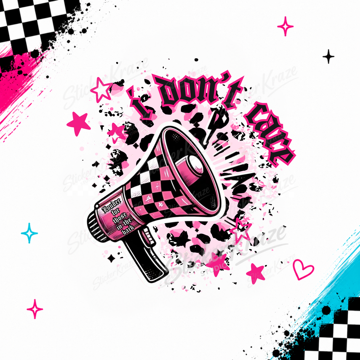 I Don’t Care pink checkerboard megaphone design with stars and black grunge details