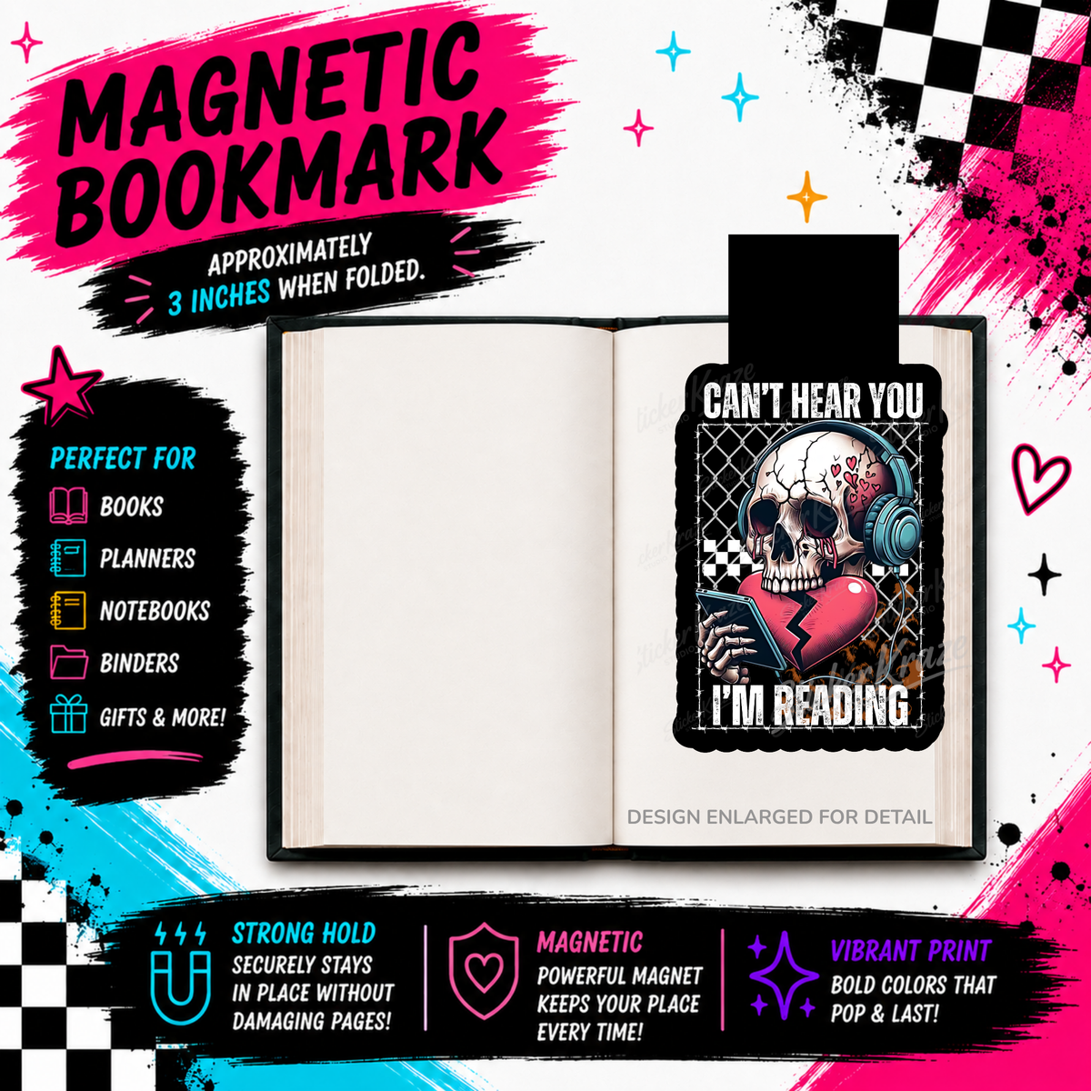 Can’t Hear You I’m Reading skull and headphones magnetic bookmark by Sticker Kraze Studio
