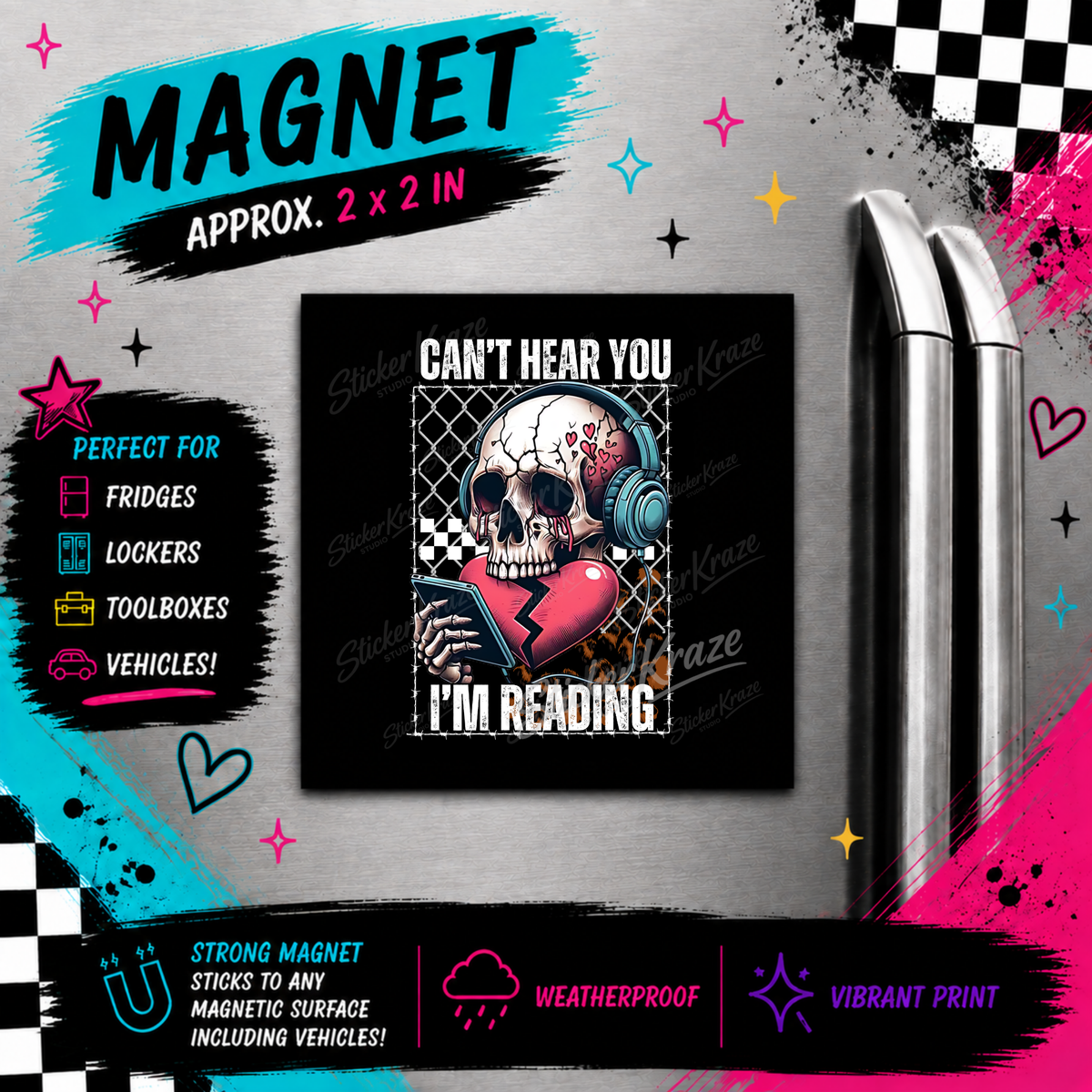Can’t Hear You I’m Reading skull and headphones weatherproof bookish magnet by Sticker Kraze Studio