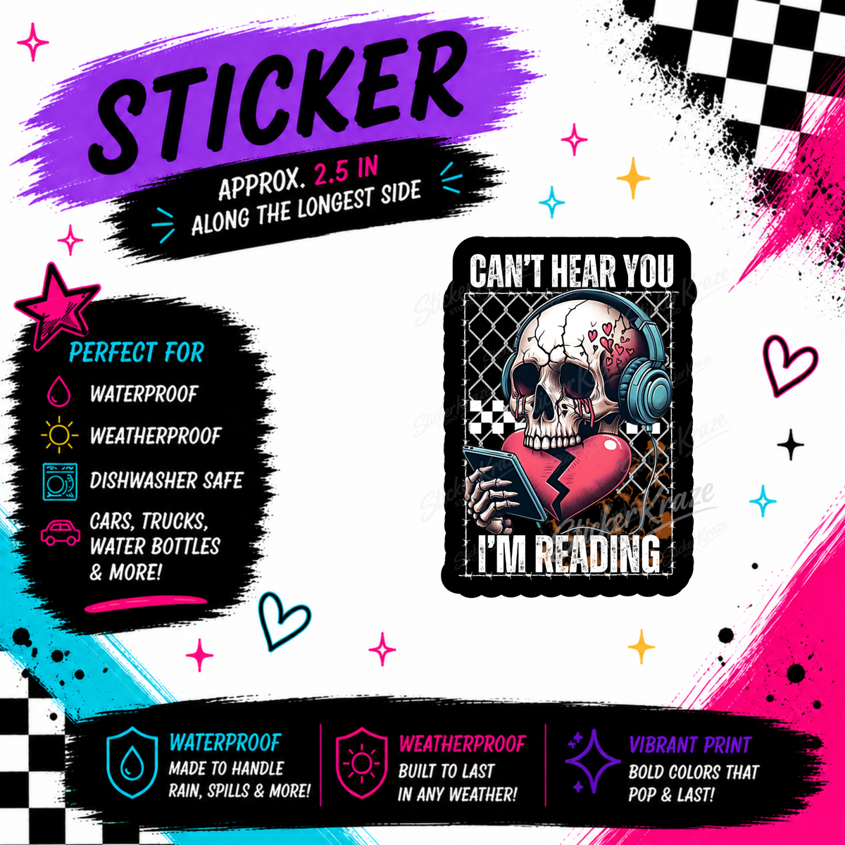 Can’t Hear You I’m Reading skull and headphones waterproof bookish sticker by Sticker Kraze Studio