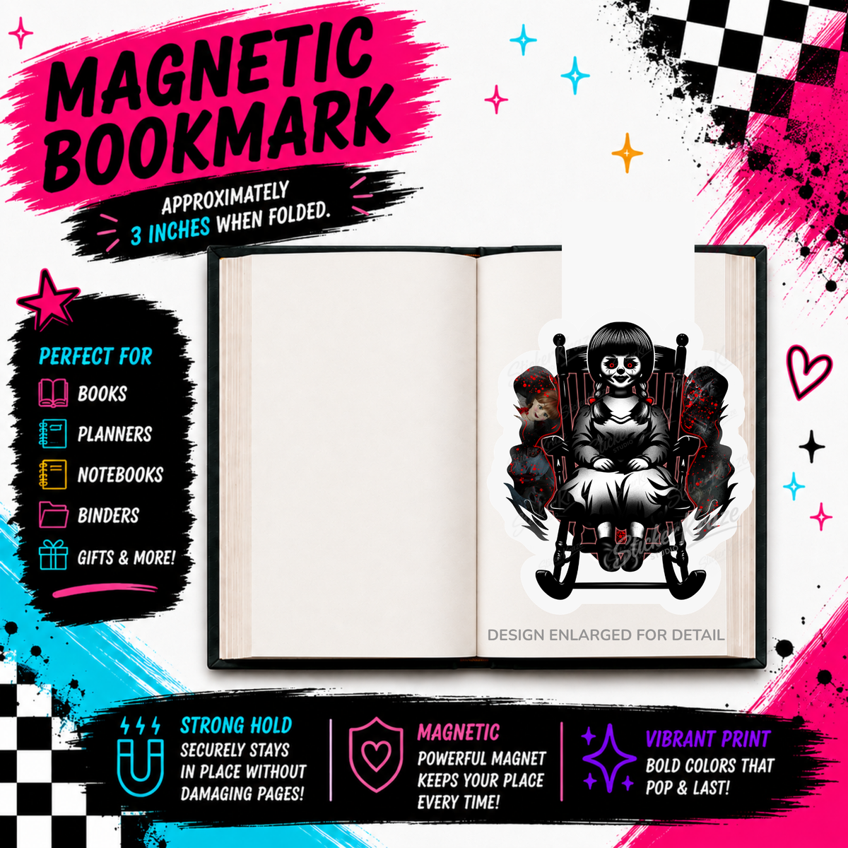 Creepy doll in rocking chair horror magnetic bookmark by Sticker Kraze Studio