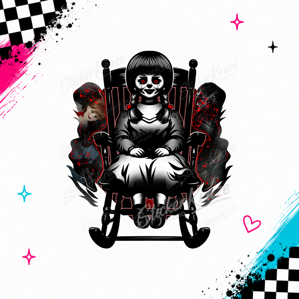 Creepy doll sitting in rocking chair with glowing red eyes and dark horror details