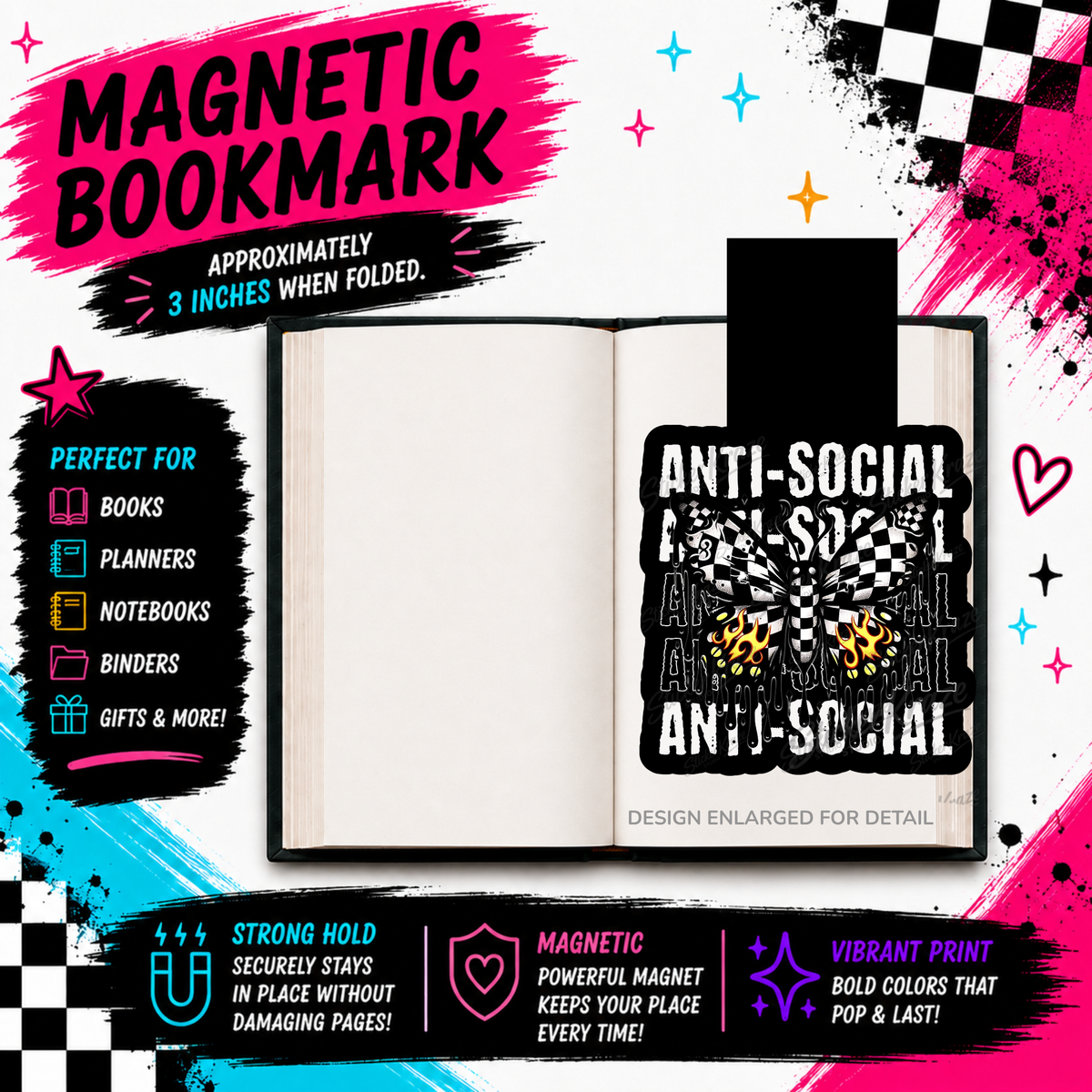 Anti-Social Butterfly checkerboard butterfly magnetic bookmark by Sticker Kraze Studio