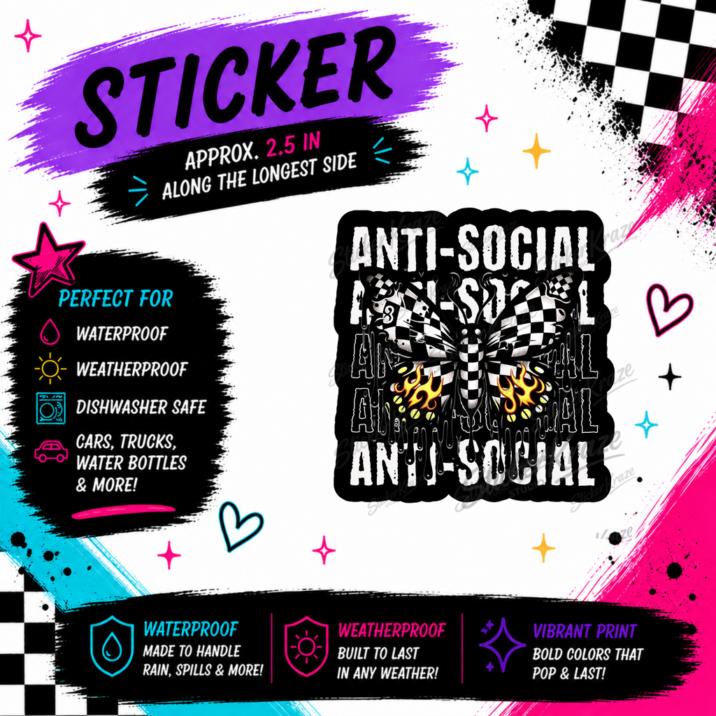 Anti-Social Butterfly checkerboard butterfly waterproof sticker by Sticker Kraze Studio
