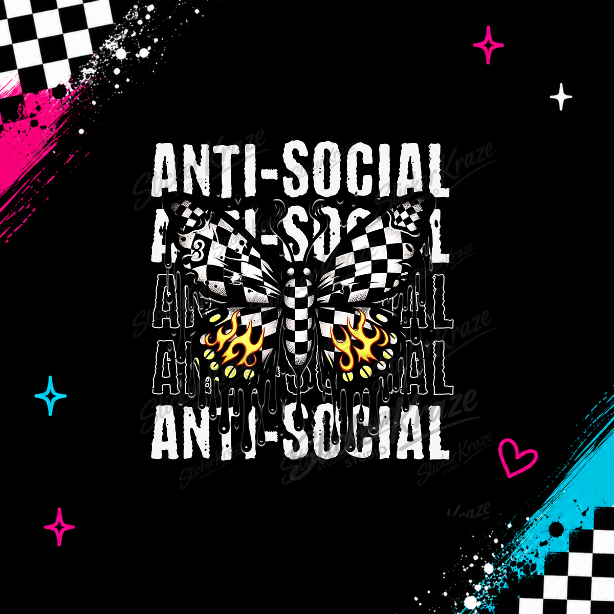 Anti-Social Butterfly checkerboard butterfly with flames and distressed white lettering