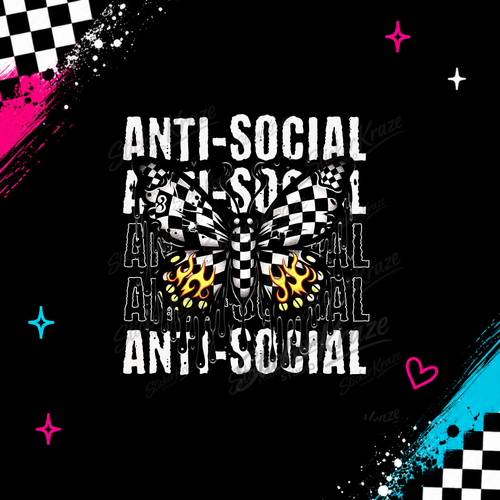 Anti-Social Butterfly checkerboard butterfly with flames and distressed white lettering