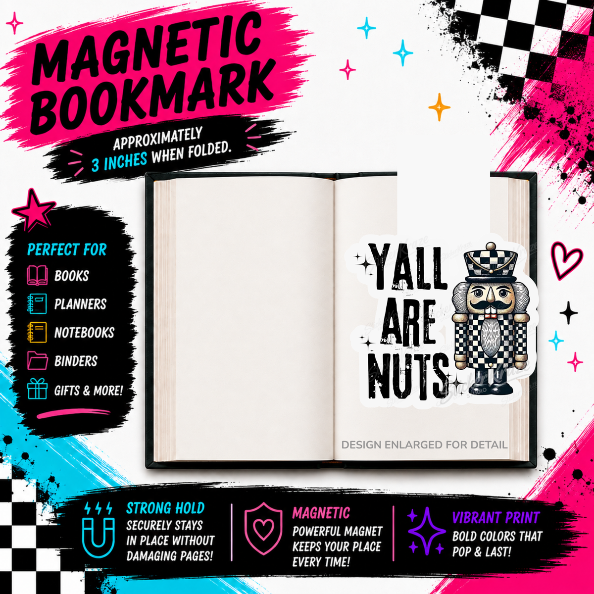 Y’all Are Nuts funny checkerboard nutcracker Christmas magnetic bookmark by Sticker Kraze Studio