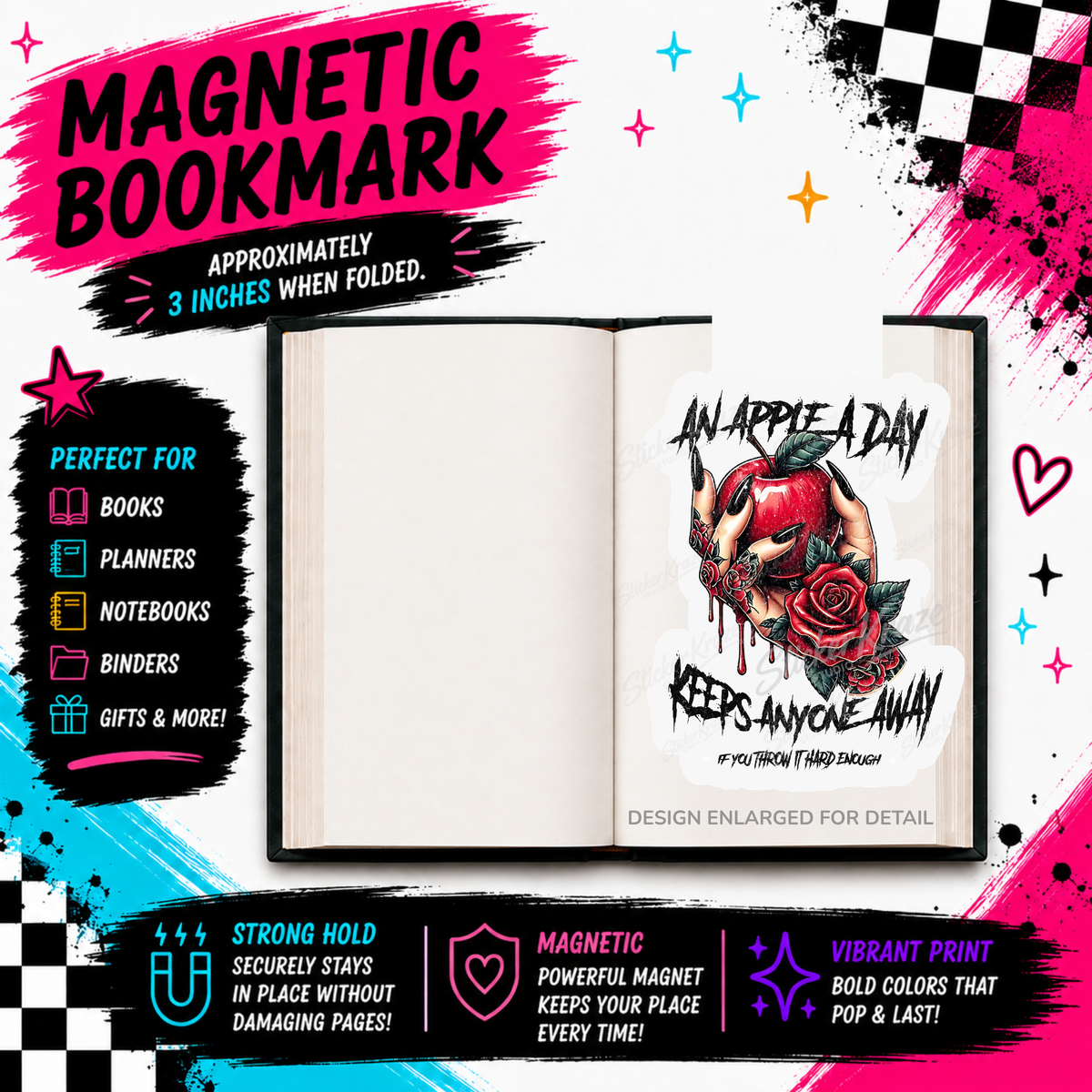 An Apple A Day Keeps Anyone Away dark humor apple and roses magnetic bookmark by Sticker Kraze Studio