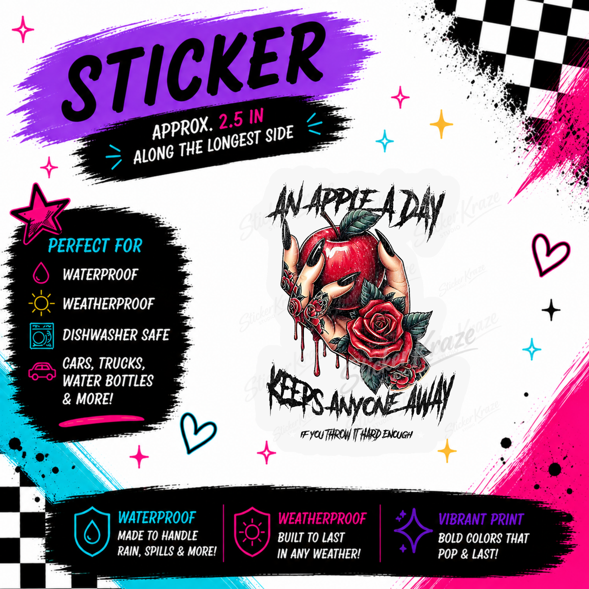 An Apple A Day Keeps Anyone Away dark humor apple and roses waterproof sticker by Sticker Kraze Studio