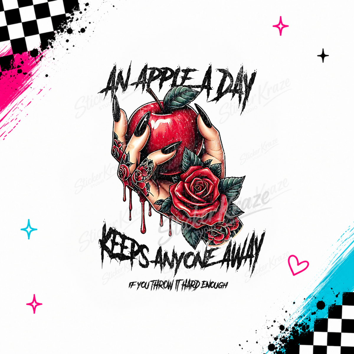 An Apple A Day Keeps Anyone Away dark humor design with red apple tattooed hands and roses