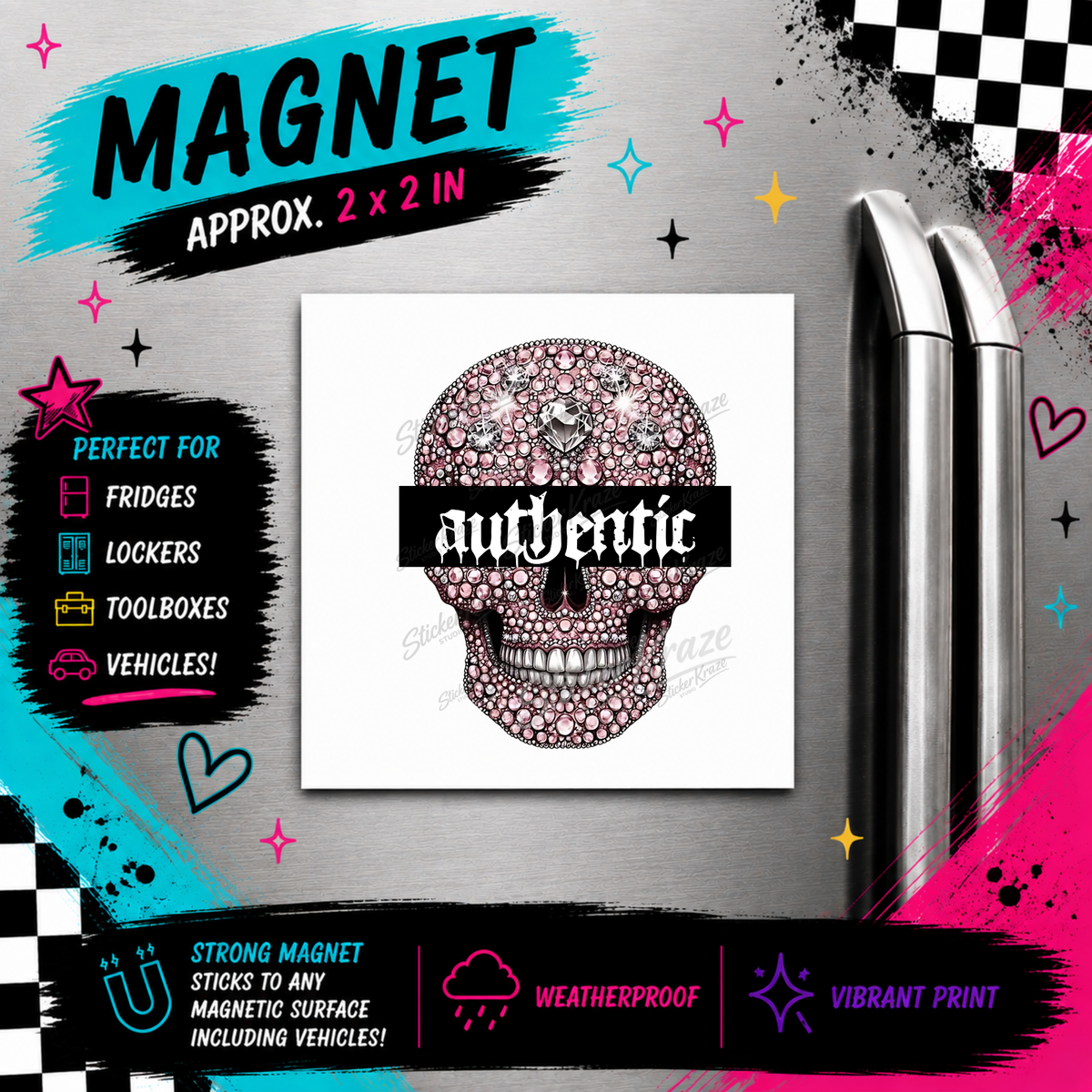 Authentic pink rhinestone skull gothic weatherproof magnet by Sticker Kraze Studio