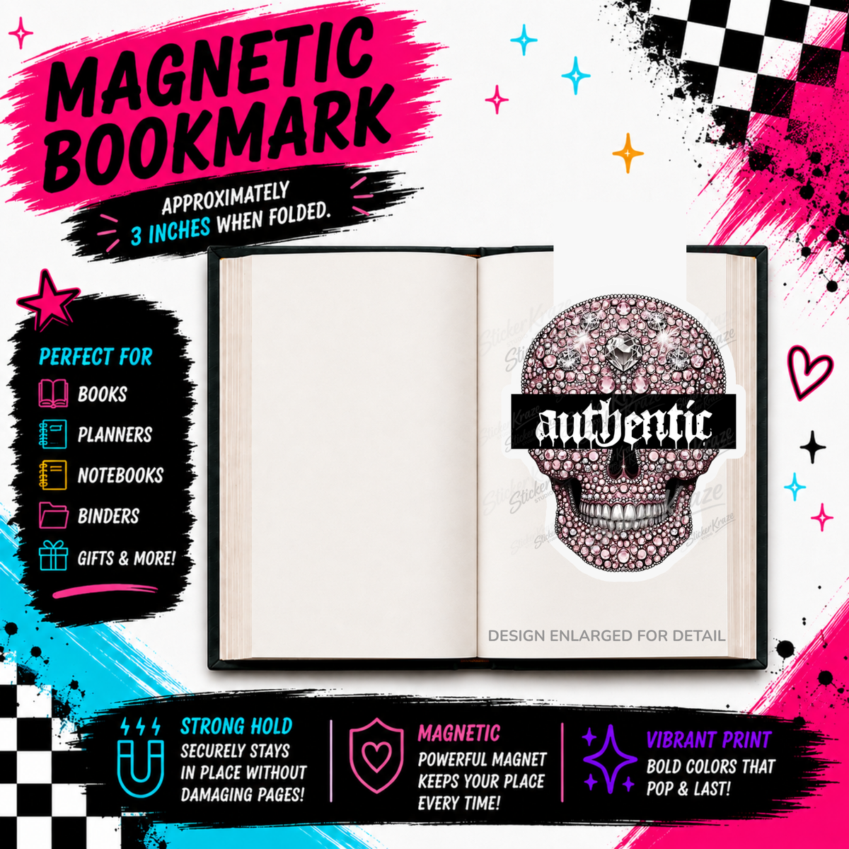 Authentic pink rhinestone skull gothic magnetic bookmark by Sticker Kraze Studio