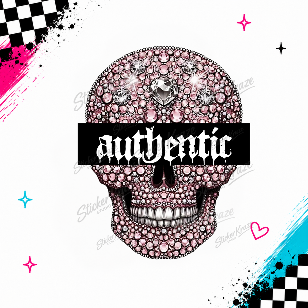 Authentic pink rhinestone skull design with sparkling gemstones and black gothic text