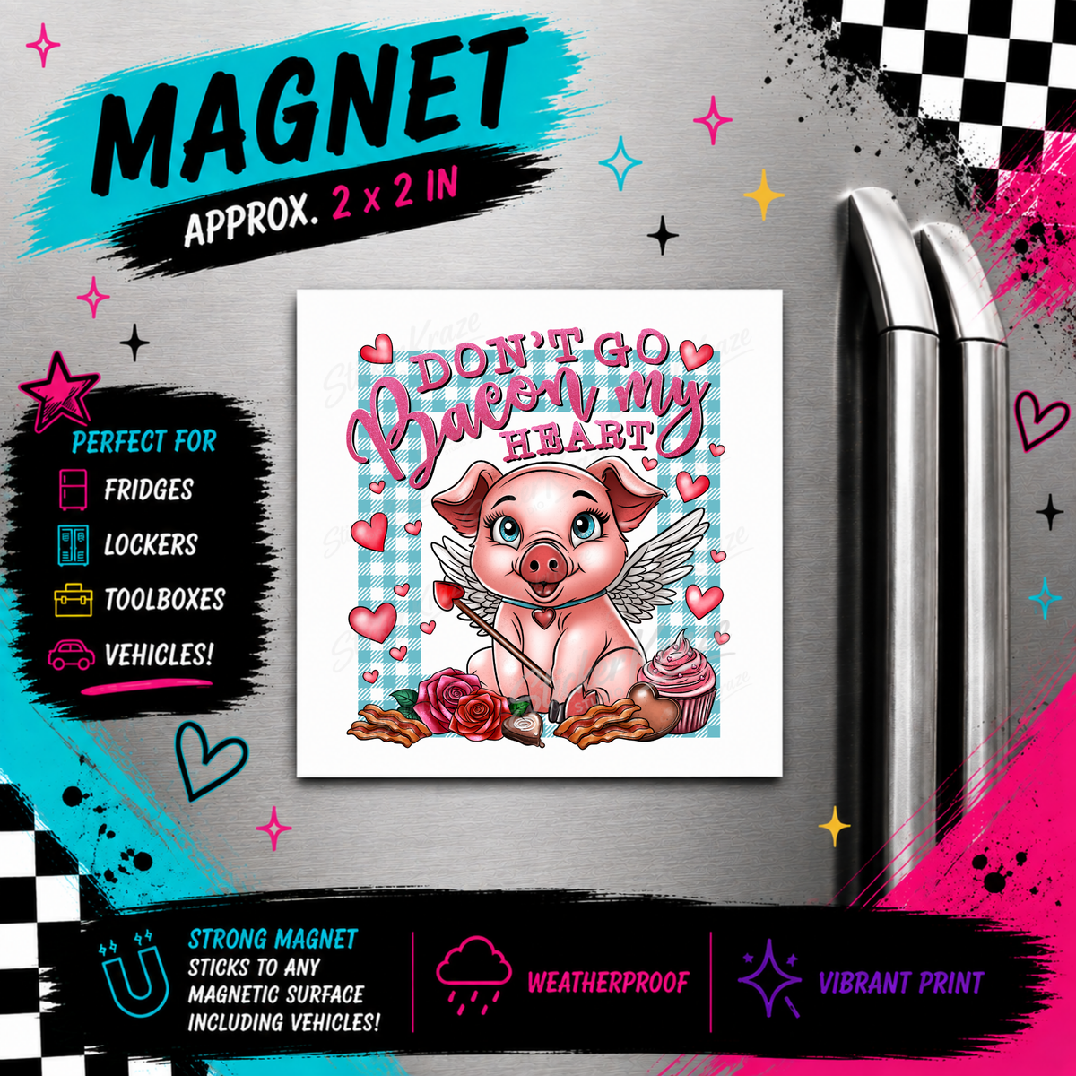 Don’t Go Bacon My Heart cute cupid pig weatherproof magnet by Sticker Kraze Studio