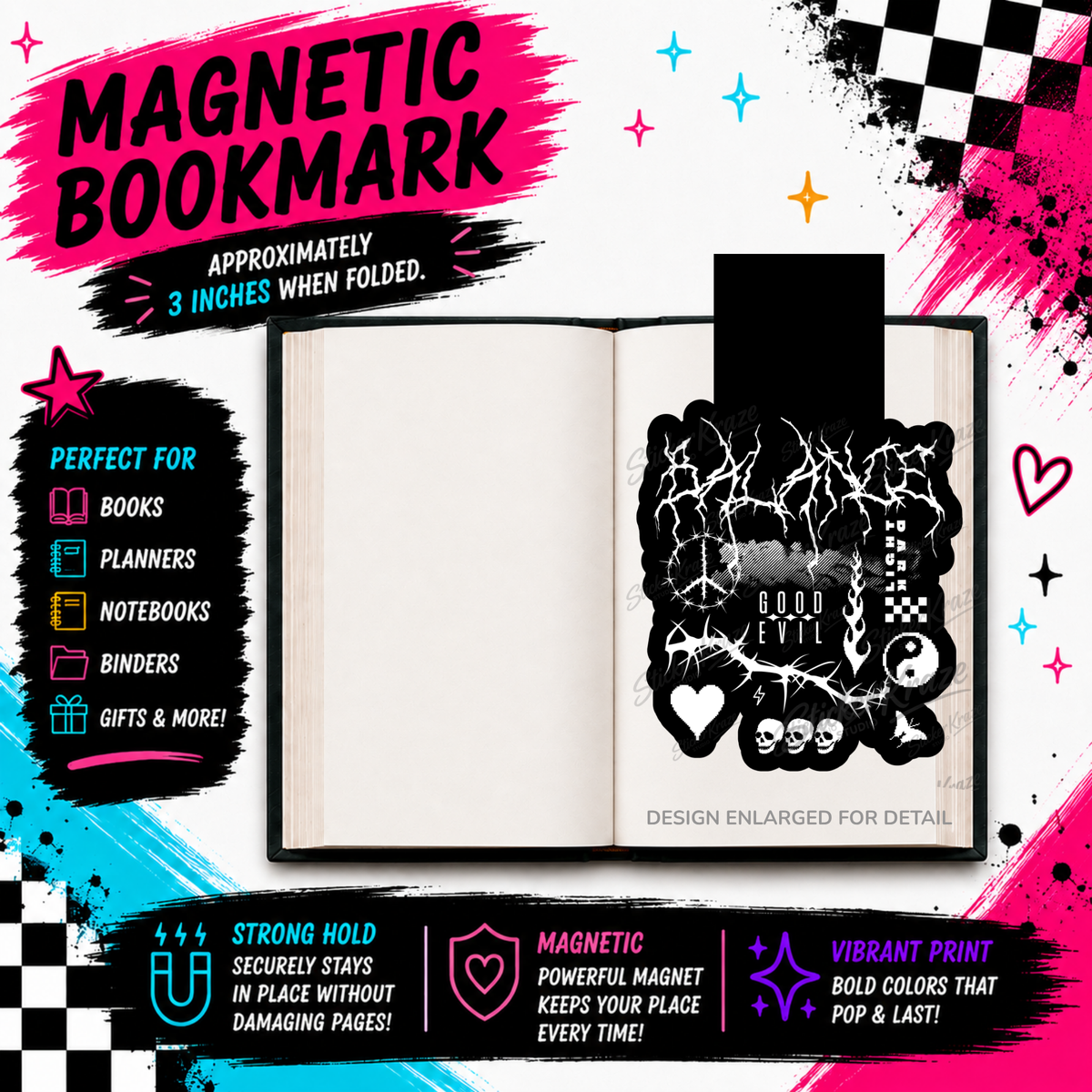 Good Evil Balance black and white gothic magnetic bookmark by Sticker Kraze Studio